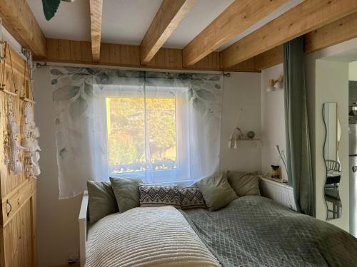a bedroom with a bed in front of a window at Villa septembre logement VANILLE in Lamalou-les-Bains