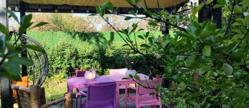a pink table and chairs in a garden at Romantic Villa 2BR by the Sea in Tsikhisdziri