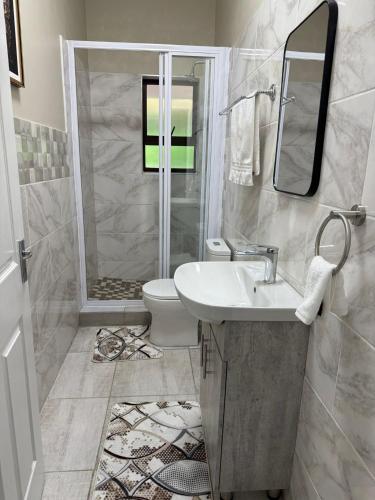 a bathroom with a shower and a sink and a toilet at Fezeu's Place in Johannesburg