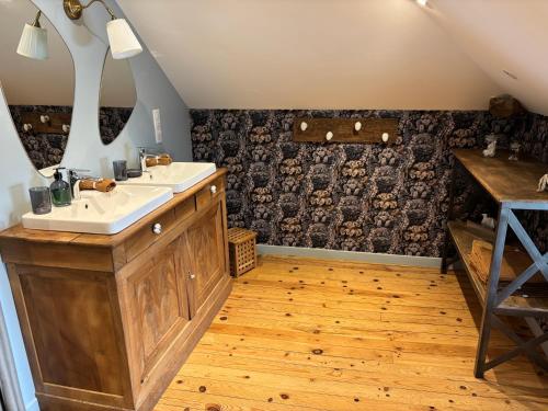 a bathroom with a sink and a mirror at Au Pressoir de Boisy in Pouilly-les-Nonains