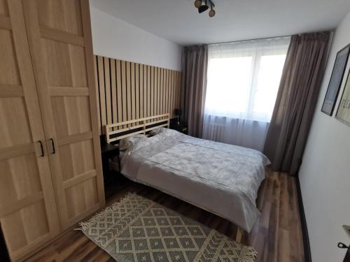 een kleine slaapkamer met een bed en een raam bij Apartament Opawska 2 in Gliwice