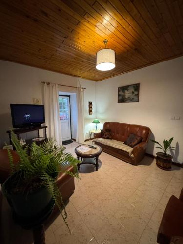 a living room with a couch and a tv at Casa da Lúcia in Lajes das Flores