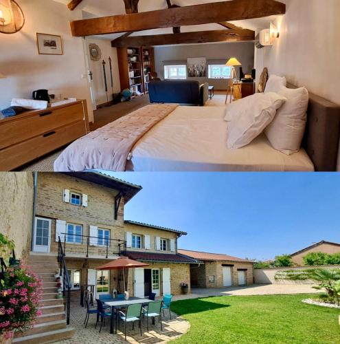 two pictures of a bedroom and a house at La Belle Bourguignonne in Crêches-sur-Saône