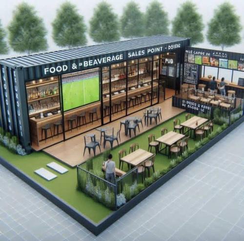 wizualizacja restauracji ze stołami i krzesłami w obiekcie Mathieu w mieście Lomé