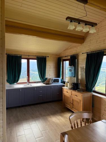 a kitchen with green drapes on the windows at Monte Vista in Rostoka