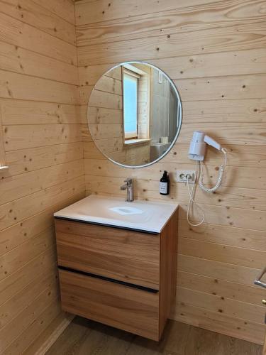 a bathroom with a sink and a mirror at Monte Vista in Rostoka