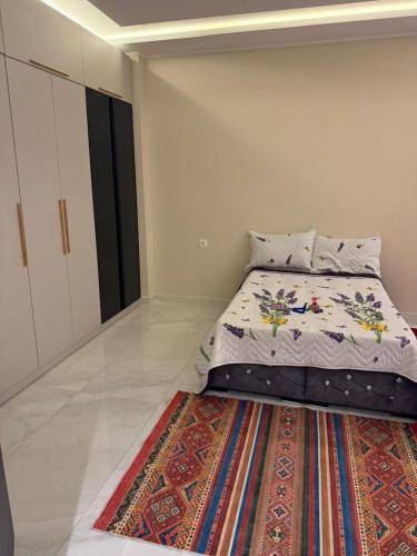 a bedroom with a bed with a rug on the floor at Résidence montana in Deli Ibrahim