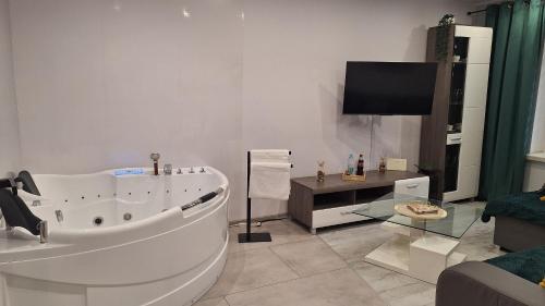 a bathroom with a tub and a tv in it at Apartament z jacuzzi w centrum Katowic in Katowice