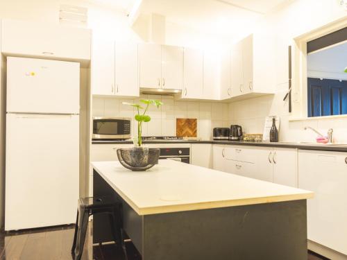 kuchnia z białymi szafkami i doniczką na ladzie w obiekcie Adelaide CBD Cozy Stay at Secluded Botanic Cottage with Free Parking w mieście Adelaide