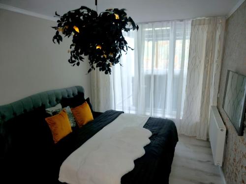 a bedroom with a black and white bed and a window at GLAMOUR VOX Jacuzzi & Club in Cluj-Napoca