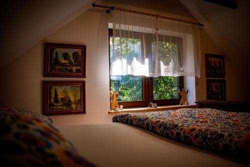 a bedroom with a bed and a window at Chatka Margolinka in Wola Komborska