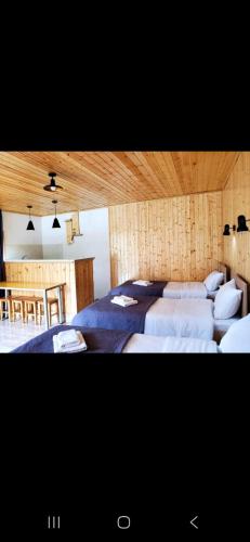 a bedroom with three beds and a dining room at Kazbegi Guest House in Kazbegi