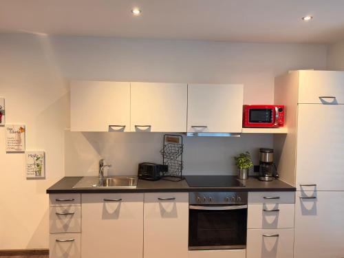 a kitchen with white cabinets and a sink and a microwave at APART six-o-nine in Schwendau
