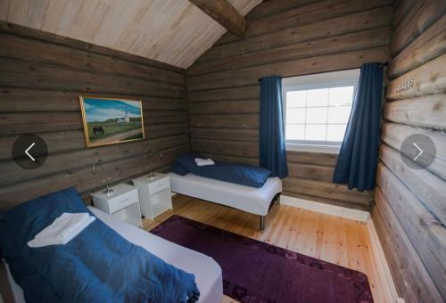 Habitación con 2 camas y ventana en una cabaña de madera. en Dyrøy Holiday - Lodge with Jacuzzi, en Nordhus