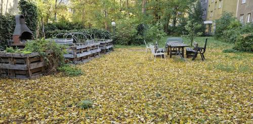 a yard with a lot of leaves on the ground at Beheizter Wohnwagen mit Küche und Duschbad in Berlin