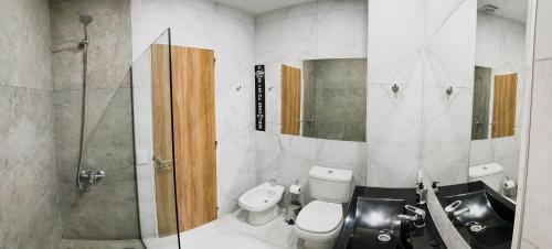 a bathroom with a toilet and a sink and a shower at Ibis Puerto General San Martin in Aldao