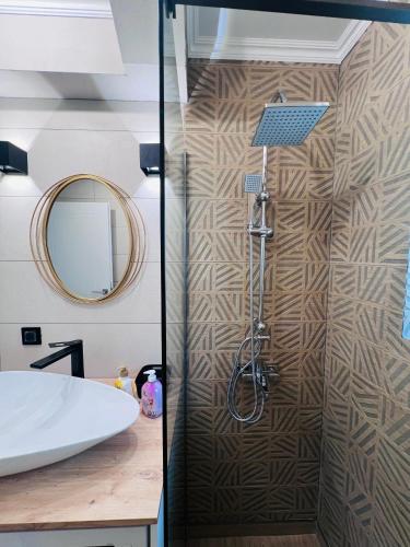 a shower in a bathroom with a sink and a mirror at Premium Apartment Turda in Turda