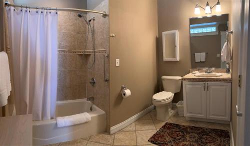 a bathroom with a shower and a toilet and a sink at Pier Harbor #2 in Saint Ignace