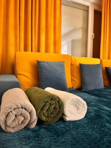 Un sofá con algunas almohadas encima. en Manus Apartament, en Iaşi