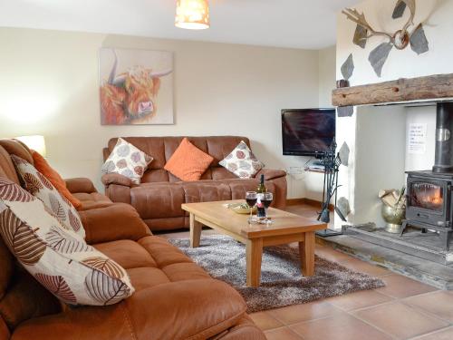 a living room with a couch and a fireplace at Ty Hir Bwlch Gwyn Farm Equestrian Centre in Fairbourne