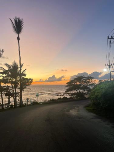 a road with a palm tree and the ocean at sunset at Vannana House Ko Lanta in Ko Lanta