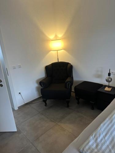 a living room with a chair and a lamp at Altstadt Apartment in Nürtingen