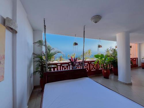 蒙巴萨Mwafrika Beachfront Apartments的一间卧室设有一张床和一个植物阳台