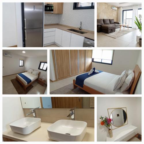 a collage of photos of a kitchen and a bedroom at o som das ondas in Praia