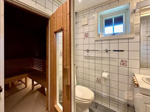 a bathroom with a toilet and a sink and a tub at Spacious cabin in Hemsedal with sauna, near slopes in Hemsedal
