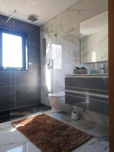 a bathroom with a toilet and a sink and a mirror at Casa Gonzaga in Amarante