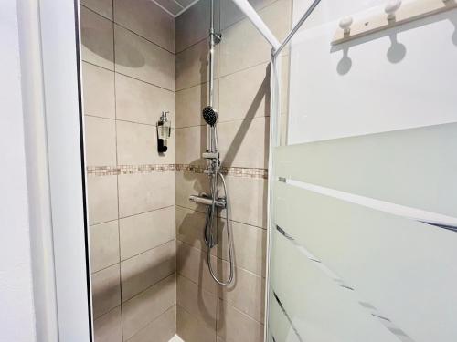 a shower with a glass door in a bathroom at A l'orée des bois in Égat