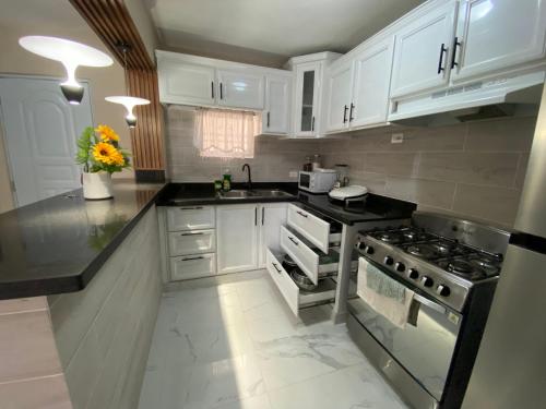 eine Küche mit weißen Schränken und einem Herd mit Backofen in der Unterkunft apartamento moderno lo mejor de Santiago in Santiago de los Caballeros