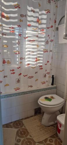 a bathroom with a shower curtain with a toilet at Sojka in Divčibare