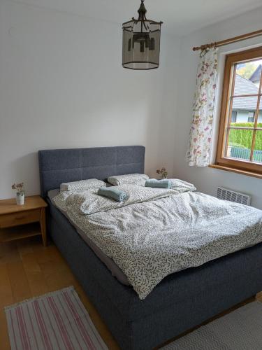 a bedroom with a bed and a window at Haus am Fluss in Kirchberg am Wechsel