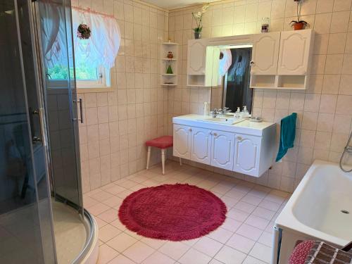 a bathroom with a sink and a shower and a red rug at Landlig hus på kysten in Tustna