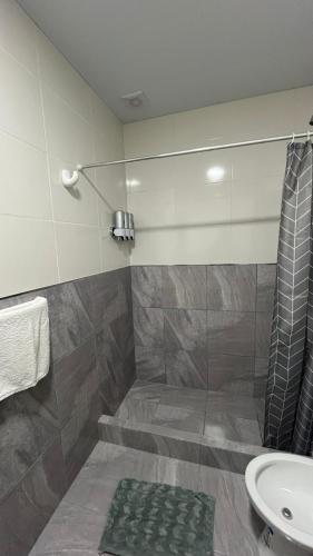 a bathroom with a shower and a sink at Dormis Bajos Medanales in Victorica