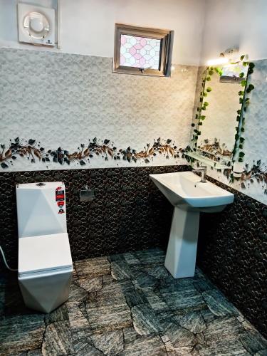 a bathroom with a sink and a toilet and a mirror at Evergreen Resort Ella in Ella