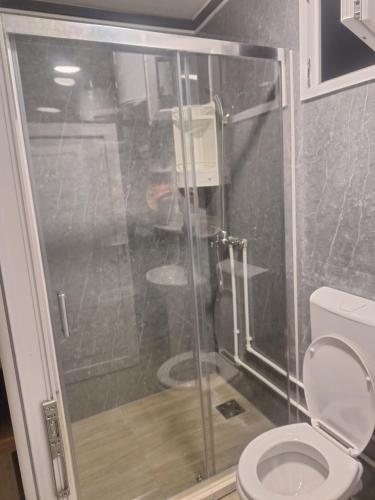 a bathroom with a shower and a toilet at Auto camp Čarobna ravnica in Podgorica