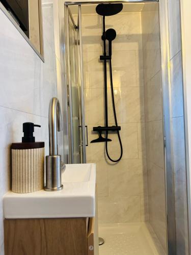 a bathroom with a shower with a sink and a shower at Le Champêtre - Centre du Rheu in Le Rheu