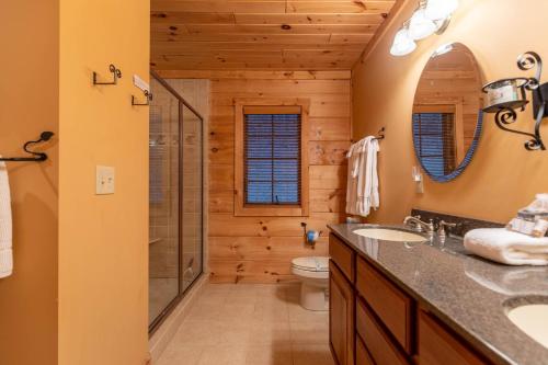a bathroom with a shower and a toilet and a sink at Cozy Cabin in Vilas