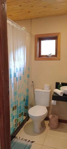a bathroom with a toilet and a shower at Chalé Cogumelo Refugio dos Gnomos in Visconde De Maua