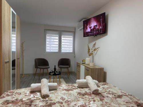 a bedroom with a bed with a tv on the wall at Relax Apartmani Niš in Niš