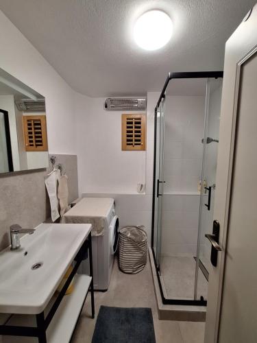 ポスティラにあるApartment Dry dockの洗面台とシャワー付きのバスルーム