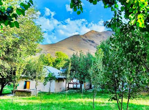 una casa en un campo con una montaña en el fondo en NURATA MOUNTAIN GUESTHOUSE Shiringul, en Yukary-Ukhum