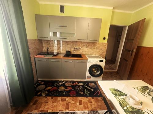 a small kitchen with a washing machine in the floor at Wypoczynek Między Świerkami in Ustroń