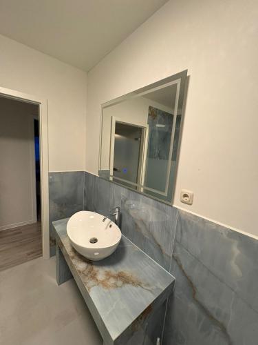 a bathroom with a sink and a mirror at Villa Heusenstamm in Heusenstamm