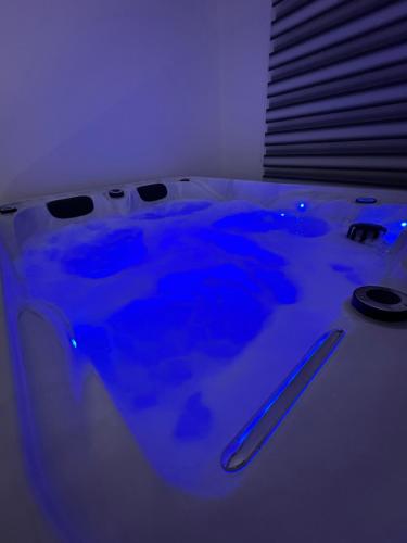 a bath tub with blue dye in a room at Appartement Douceur in Horbourg