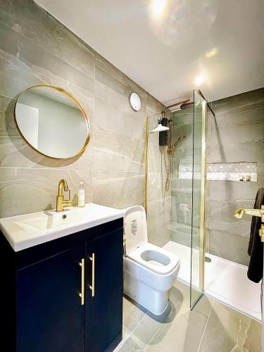 a bathroom with a sink and a toilet and a shower at Modern Self Contained Garden Annexe Sleeps up to 4 in Forest Hill