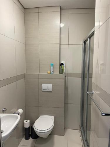 a bathroom with a toilet and a sink and a shower at Merensky Tower Apartment in Windhoek