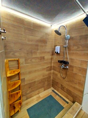 a bathroom with a shower with a wooden wall at Leonidio Downtown Haven in Leonidio